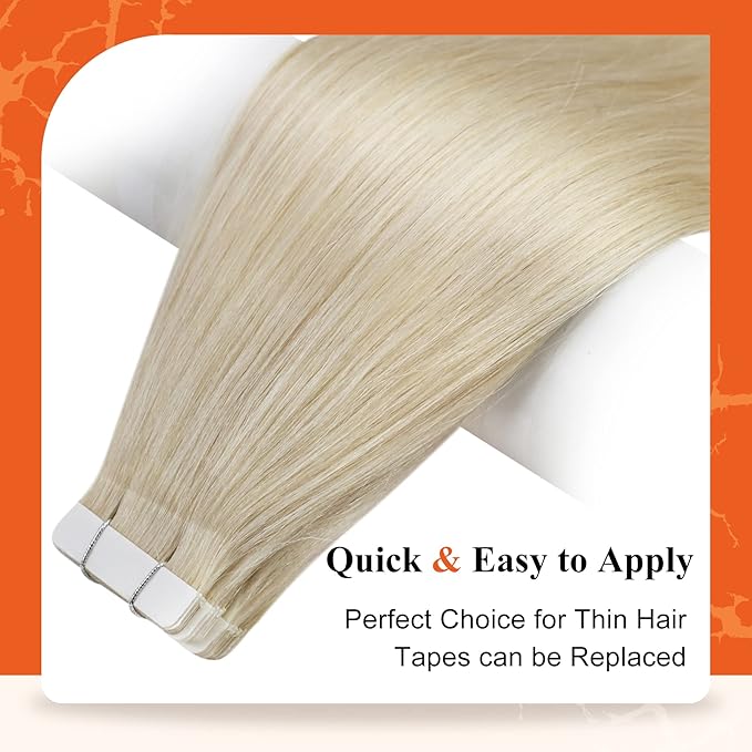 Full Shine Tape in Hair Extensions Silky Long Real Human Hair Color 60 Blonde 22 Inch Double Sided Tape Extensions Invisible Tape in Remy Human Hair 20 Pcs Skin Weft 50 Gram Straight Natural