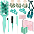 Curly Hair Brush,Curl Defining Brush,Slick Back Hair Brush,Rat Tail Comb,Edge Bristle Brush,Clip Claw,Bow,Satin Scrunchies,No Damage Hair Ties,Scarf Hair Ties,Gifts For Women,Best Gift Set(Green)