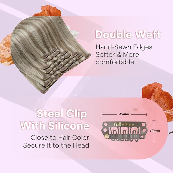 Full Shine Clip in Extension, Ash Blonde Higlight Light Blonde Hair Extensions Real Human Hair, 18 Inch Straight Natural Hair Extensions Clip ins, Double Wefr Add Thickness 7 Pcs 120g