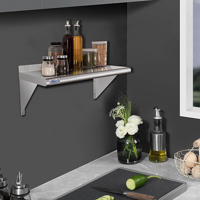 HARDURA Stainless Steel Shelf 12" x 24", 210lb Commercial Shelves Wall Mount Metal Shelving with Backsplash and Brackets for Kitchen, Restaurant, Laundry Room and Home