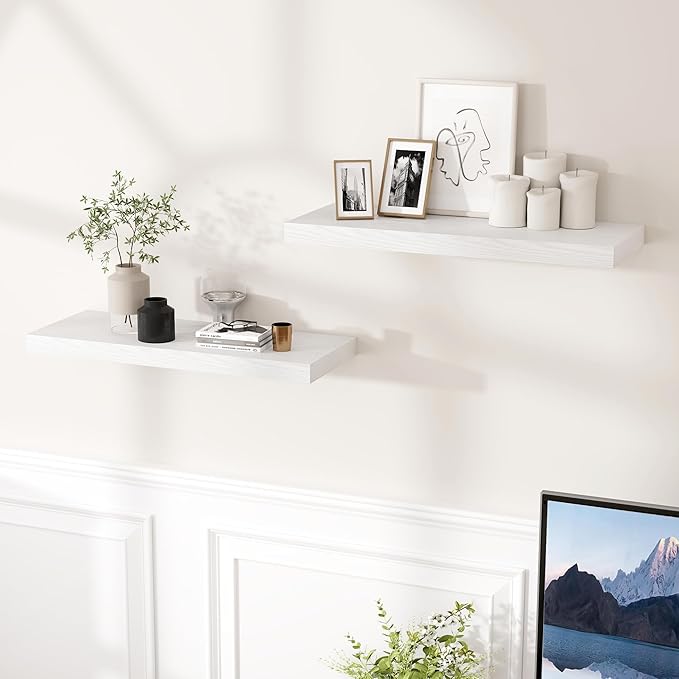24 Inch Floating Shelves, Rustic 24 x 9 White Floating Shelf for Wall, White Bathroom Shelves Set of 2, Farmhouse Wood Wall Shelf for Bedroom, Kitchen, 9 Inch Deep Shelves for Home Storage
