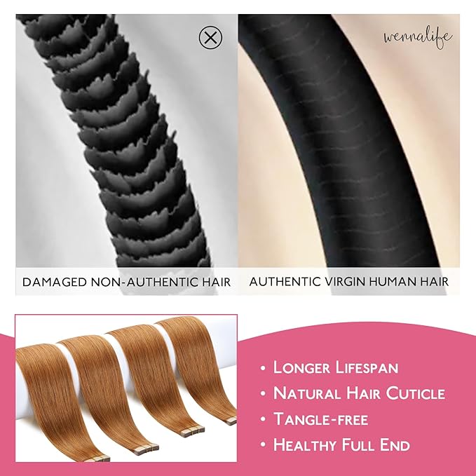 WENNALIFE Tape in Hair Extensions Human Hair Auburn Ginger Tape in Extensions, 10pcs 25g 14 inch Remy Invisible Tape Ins Straight Colored Soft Real Human Hair Tape in Extensions Refill Set Extensions
