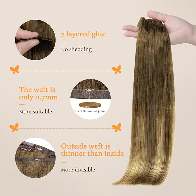 DOORES Seamless Clip-in Hair Extensions, Medium Brown Highlighted Dirty Blonde, 24 Inch, 160g, 7pcs, Real Human Hair, Straight, Remy, Thick, Invisi Edge