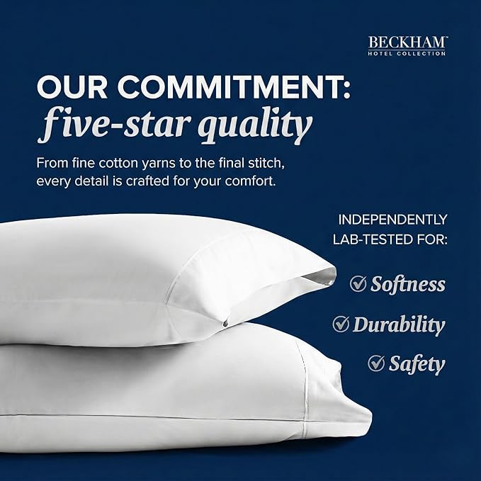 Beckham Hotel Collection 100% Cotton Pillow Cases Standard/Queen Size Set of 2, 500TC, Luxury Sateen Pillowcases, Open End, Breathable, Moisture-Wicking, White