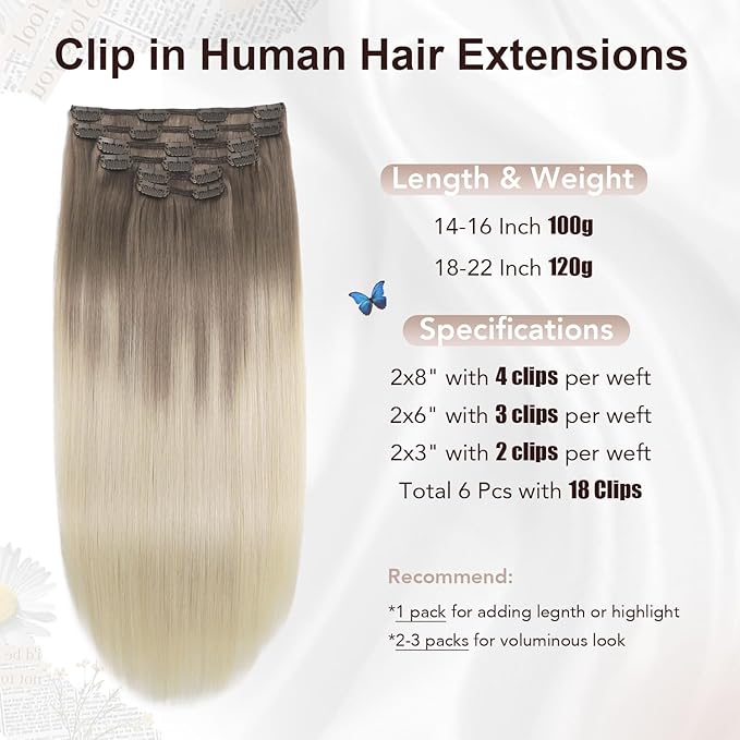 XDhair Hair Extensions Clip in Human Hair 120g 20 Inch Ash Brown to Platinum Blonde Human Hair Clip in Extensions Double Weft 6pcs for Women(20, #8T60)