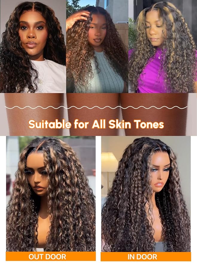 Julia Hair Golden Brown Highlight Water Wave and Jerry Curly Wig Mixed Curls 13X4 Lace Front Pre Everything Wigs Glueless Human Hair Lace Frontal with Invisi Drawstring Ready to Go 18 Inch