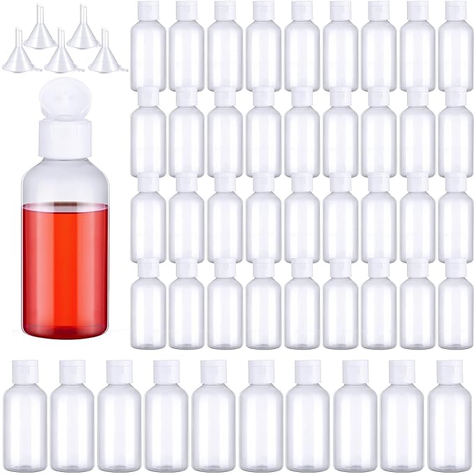 Eccliy 100 Pack 2 oz Travel Bottles Plastic Bottles with Lids Refillable Travel Size Cover Cap Plastic Liquid container for Toiletries Lotions Shampoo Creams Dispensing with 5 Funnels(Clear)