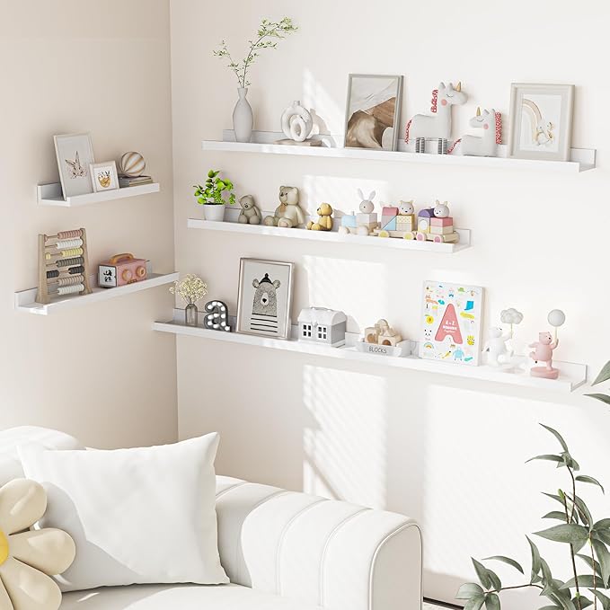 Heimlove Picture Ledge Shelf, Floating Shelves Set of 2, 56 Inches Picture Shelf for Wall with Ledge, Kids Bookshelf Wall Mounted for Living Room Bedroom Decor Books Photo Frames, White