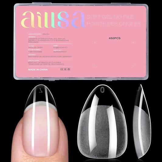 AILLSA Short Almond Nail Tips - Thickened Pre-shaped False Nail Tips Short Almond Shaped Half Matte Nails Tips, Fake Nails Extension 450pcs 15 Sizes with Storage Box
