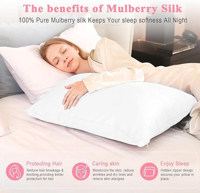 100% Pure Silk Pillowcase 2 Pack for Hair and Skin, Both Sides 23 Momme Grade 6A+ Mulberry Silk Pillowcases with Hidden Zipper, Soft&Smooth Cooling Pillow Cases (White, King 20x36)