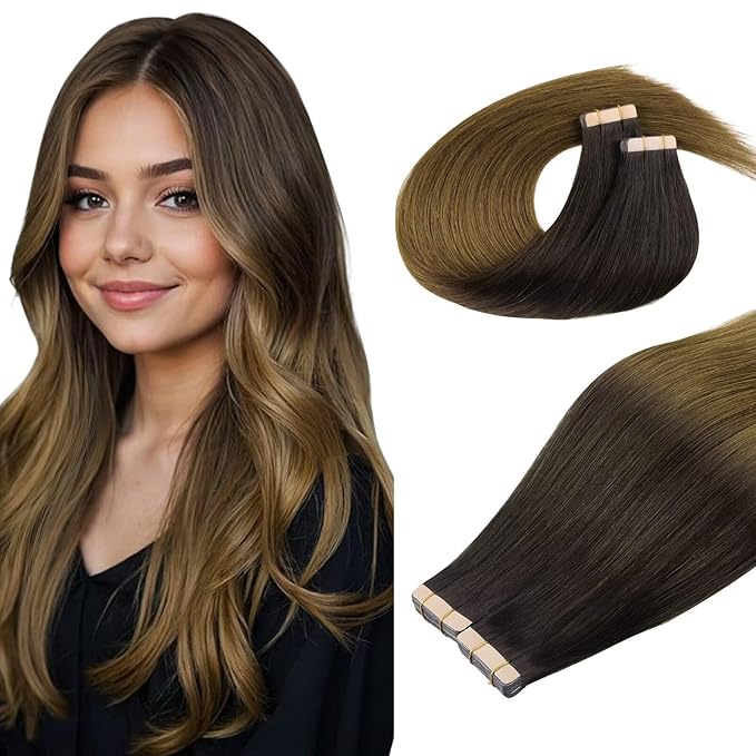 DOORES Tape in Hair Extensions Human Hair, Chocolate Dip Color Melt 18 Inch 10g 40pcs, Human Hair Extensions Natural Hair Extensions Seamless Straight