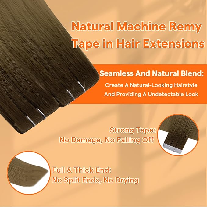 Full Shine Invisi Edge Tape in Hair Extensions Human Hair 24 Inch Color R3 Dark Brown to 8 Light Brown Machine Virgin Wire Hair Extensions Real Human Hair 12.5Grams 5Pcs for Casual Outings Add Length