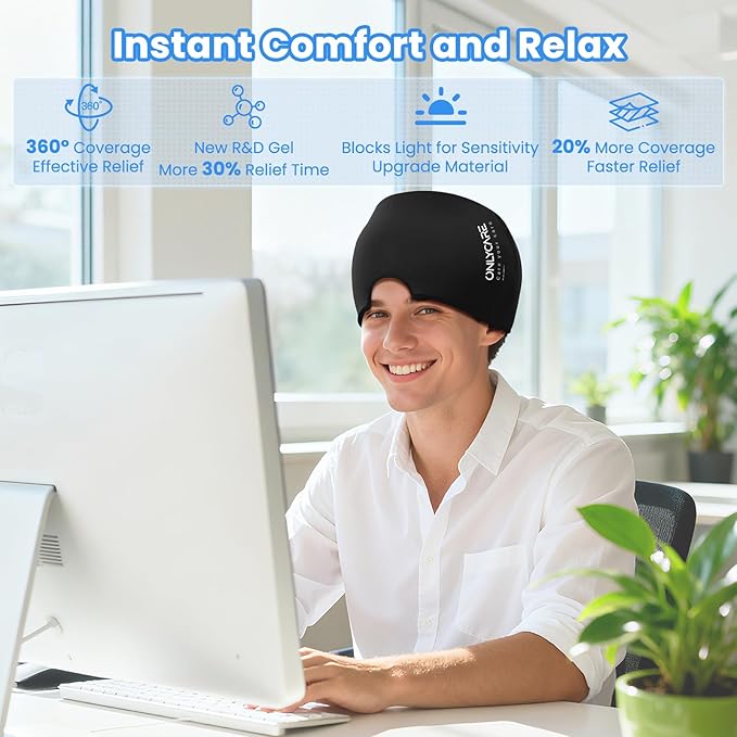 ONLYCARE Migraine Relief Cap, Upgraded Odorless Headache Relief Cap, 360° Gel Surround Ice Pack Mask for Migraine, Sinus, Stress, Frontal Headaches (Black)