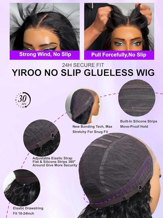 YIROO No Slip 7x5 Bye Bye Knots Yaki Straight Lace Front Glueless Drawstring Wig Human Hair with Deep Stretch Cap Fits All Head Sizes,Pre-Plucked Pre-Cut Wear and Go Wig for Women 150% Density 24Inch