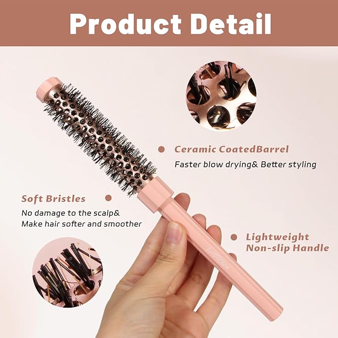 Small Round Hair Brush Pink - Boar Bristle&Nylon Mixed Bristles for Smoothing, Volumizing & Frizz Control - Mini Blow Dry Styling Brush for Fine Hair, Smooth Curls and Salon Blowout at Home