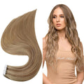Full Shine Tape in Hair Extensions Human Hair 14 Inch Balayage Hair Extensions Real Human Hair Tape in 50Grams 20Pcs 10/16/16 Highlights Golden Brown Mixed Golden Blonde Skin Weft Hair Extensions