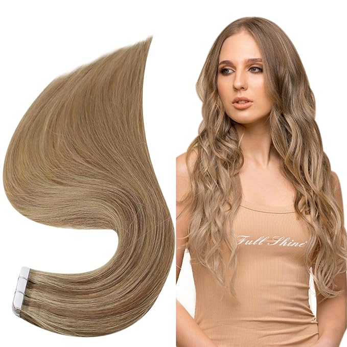 Full Shine Tape in Hair Extensions Human Hair 14 Inch Balayage Hair Extensions Real Human Hair Tape in 50Grams 20Pcs 10/16/16 Highlights Golden Brown Mixed Golden Blonde Skin Weft Hair Extensions