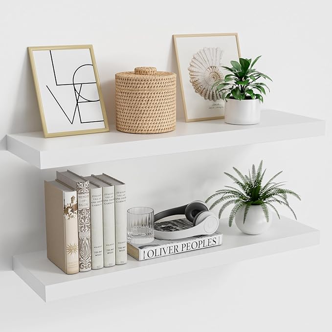 Floating Wood Shelves for Wall 24 Inches x 8”x 1.4” Shelf Floating Home Decor, Heavy Duty Shelf Hold 60 lbs, Wall Shelves for Bathroom Living Room Kitchen Bedroom Office - Set of 2 White