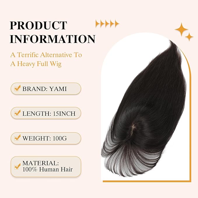 YAMI Hair Toppers for Women Real Human Hair 100% Real Human Hair Toppers for Women with Bangs 15 Inch Hair Pieces with Hairloss (Dark Brown)