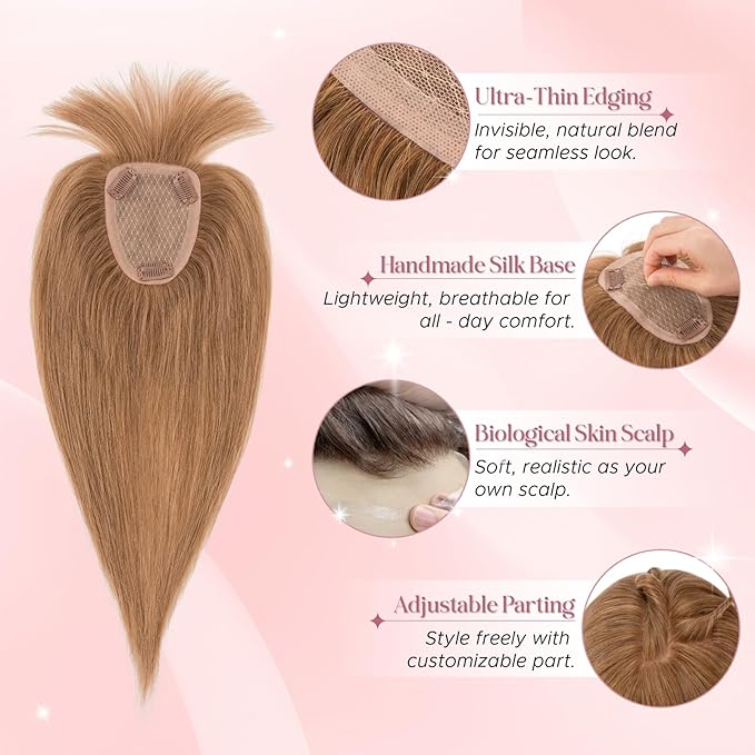Real Human Hair Toppers for Women 3.54"*4.72" Silky Base 150% Density With Bangs Adjustable Parting Clip-In Topper Hairpieces for Women with Thinning Hair 16 Inches Light Brown