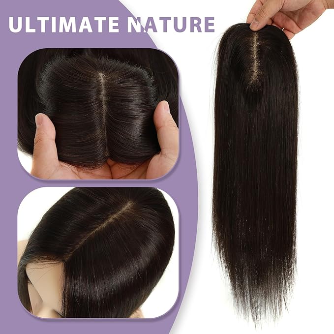 Hair Toppers for Women Real Human Hair, 3x5 Inch Injected Silk Base 12 Inch Length 130% Density No Bangs Hairpieces #1C Natural Black (Subtle Red Undertones in Sunlight)