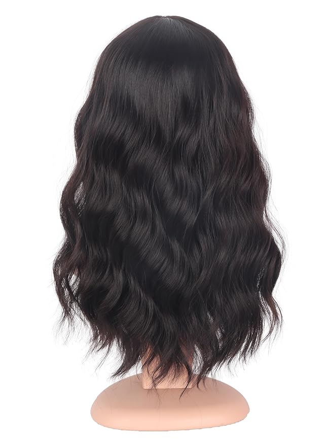 Medium Length Dark Brown Wavy Wigs With Bangs For Women - Heat Resistant Synthetic Brown Wigs For Daily Use (DARK BROWN(2#))