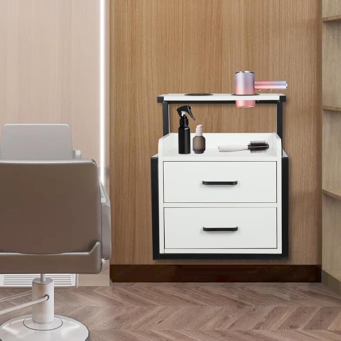 Suspended Salon Station for Hair Stylist, Wall Mounted Styling Salon Station Storage Cabinet w/2*Drawers &Hair Dryer Stand,Floating Nightstand Stylist Storage Cabinet for Home (Black+White)