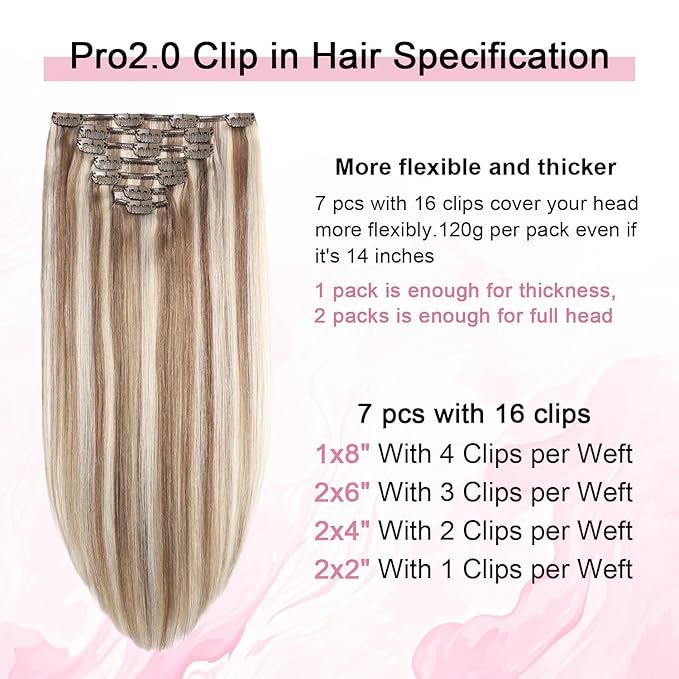Pro2.0 Clip in Hair Extensions Real Human Hair 120g Thick 7pcs Color #8p60 Brown Highlights Platinum Blonde Remy Real Human Hair Extensions Clip ins 14inch Double Weft（#8p60-14inch）