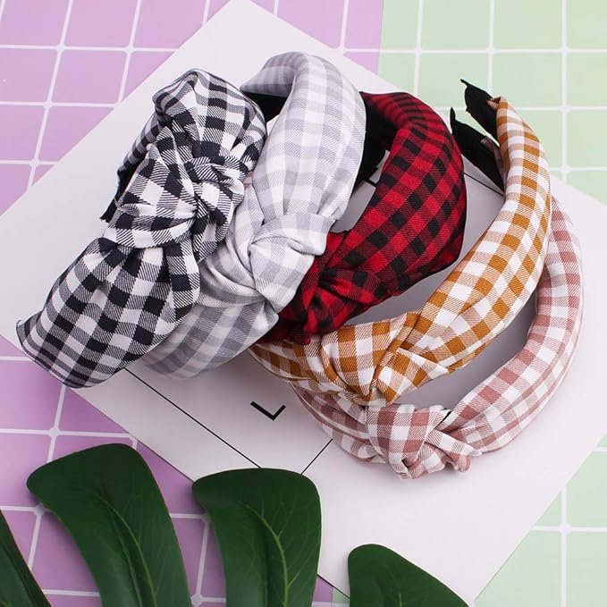 VELSCRUN 5 Pcs Knotted Vintage Women's Wide Buffalo Plaid Hair Knot Headbands in 5 Colors