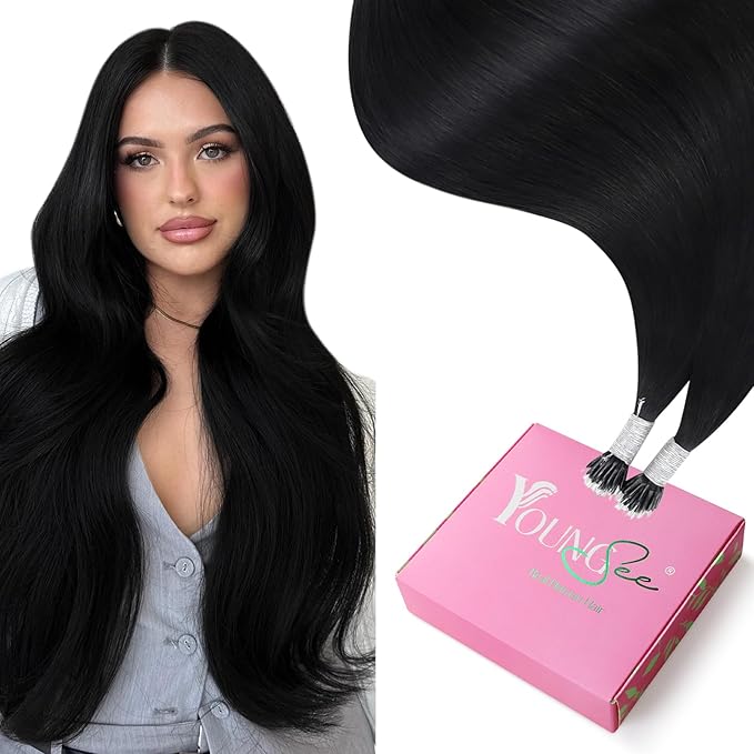 YoungSee Nano Ring Hair Extensions Black Nano Hair Extensions Human Hair Jet Black Nano-Bead Human Hair Extension Long Nano-Tip Hair 18in Nanolink Hair Extension 50s 50g for Daily