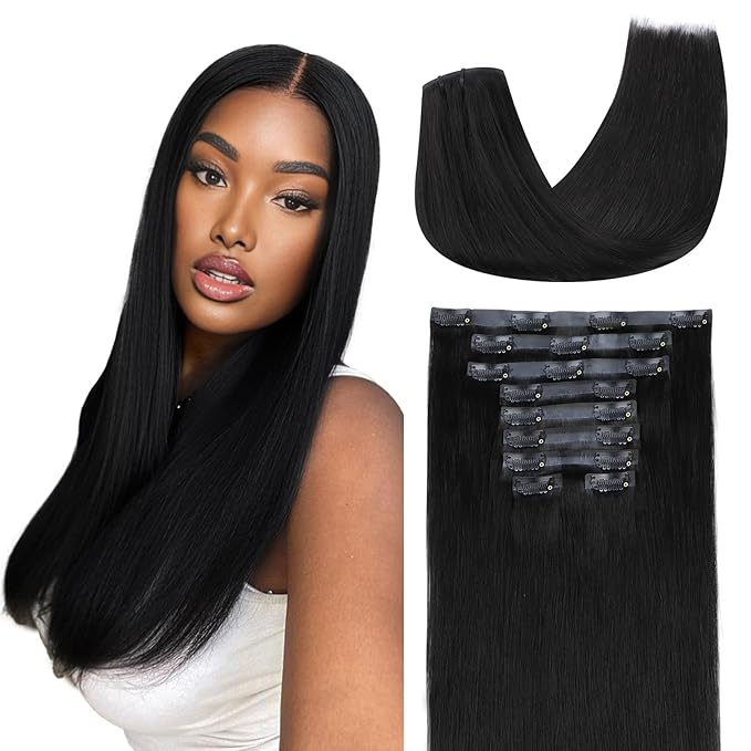 Lashey Seamless Clip in Hair Extensions Human Hair 150g 9pcs #1 Jet Black Straight 22 Inch Hair Extensions Clip ins with PU Soft Invisi Edge
