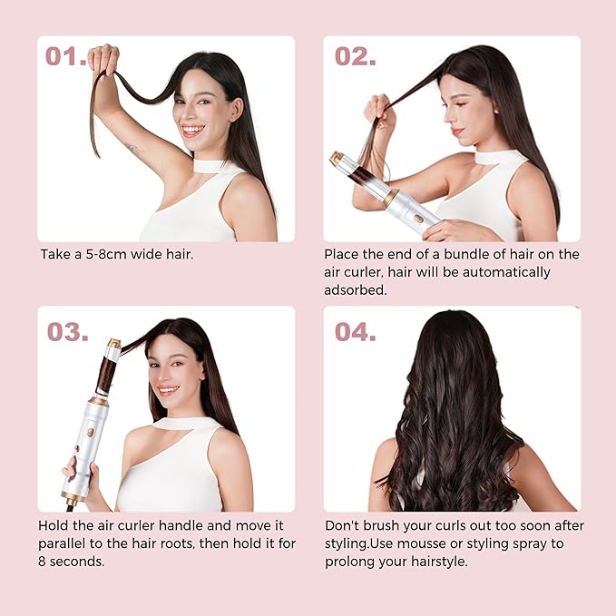 6 in 1 Air Styler Magic Hair Dryer Brush, Negative Ionic Blow Dryer Brush & 3 Heat Settings, Detachable Auto Curling & Straightening Volumizing, Frizz-Free Styling, Salon to Home Use (White-Blue)