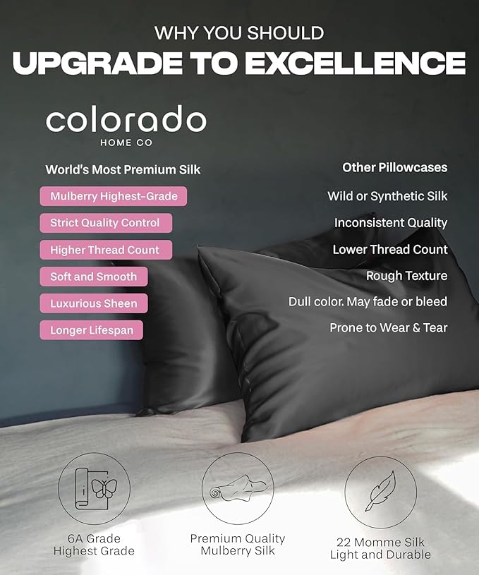SUNDAYSILKS™ 100% Mulberry Silk Pillowcase, Silk Pillow Cases for Hair & Skin, Superior to Satin Pillowcase, with Zipper, Standard, Queen, King Sizes, Anti-Wrinkle, Cooling, Non-Slip Silk Pillowcases