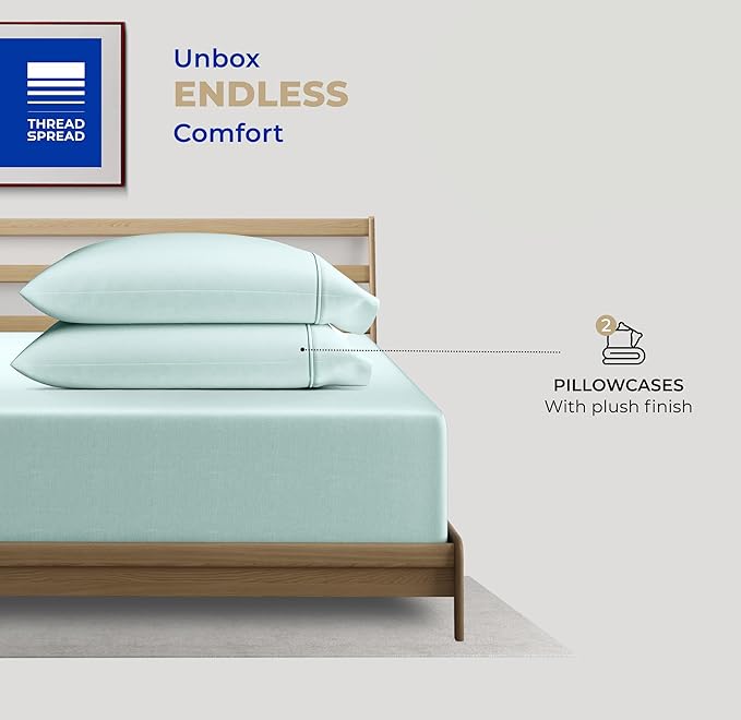 THREAD SPREAD 100% Cotton Pillowcases Standard/Queen Size Set of 2-400 Thread Count Cotton Pillowcases, Ultra Soft Cool Sateen Weave Pillow Cases for Sleeping, Set of 2 Pillow Covers (Sea Foam)