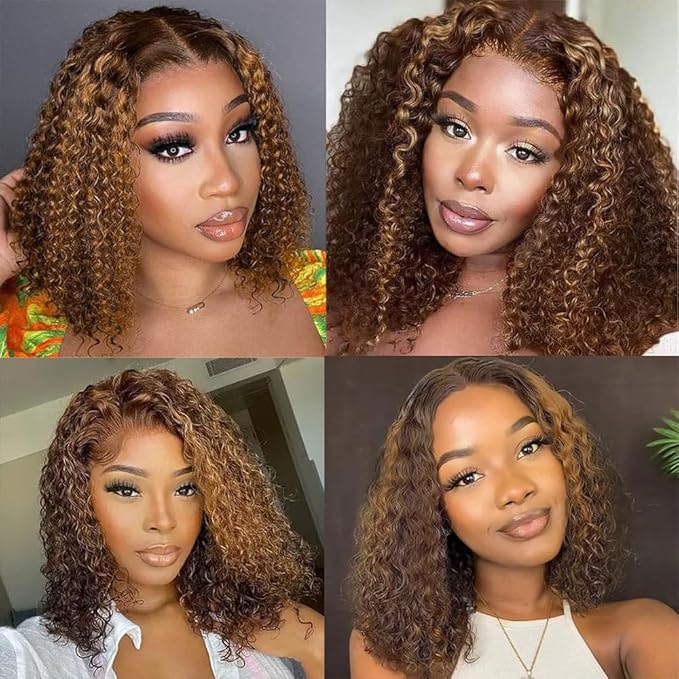 Curly Clip In Hair Extensions Real Human Hair Clip Ins Balayage Chocolate Brown to Caramel Blonde Human Hair Extensions 8Pcs with18clips 120g/Set (18 inch，#4/27/4)