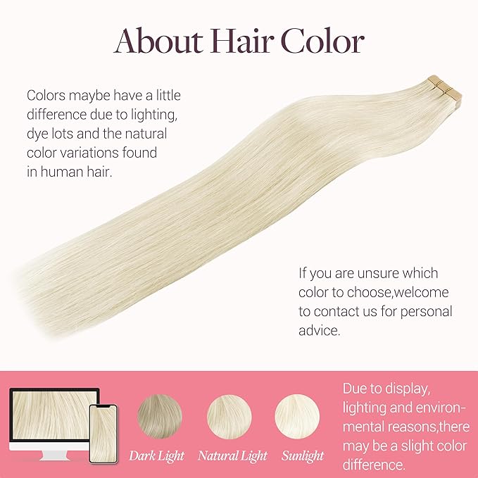 GOO GOO Tape in Hair Extensions Human Hair, 60A Platinum Blonde, 16inch 50g 20pcs, Skin Weft Seamless Invisible, Silky Straight with Thick Ends, Remy Human Hair