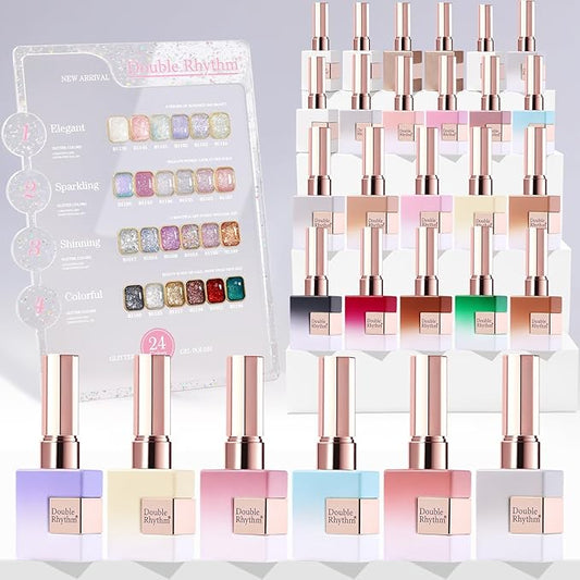 Double Rhythm 28Pcs 0.5Oz Glitter Gel Nail Polish Set Same Color Same Bottle Soak Off Gel Polish Kit Nail Art Manicure Salon DIY at Home (Sparkle Pearl Shimmer Collection-T24-9)