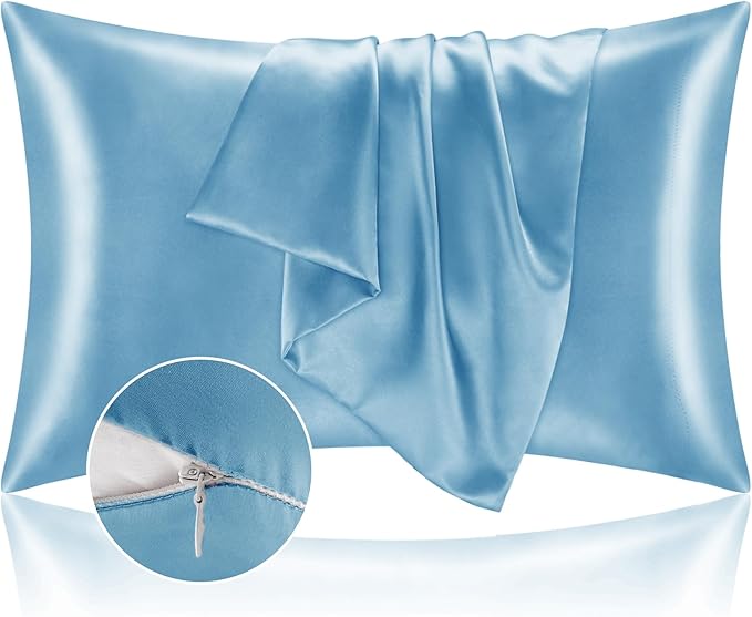 BEDELITE Satin Pillowcase with Zipper, Blue King Size Pillow Cases Set of 2, Super Soft and Cooling Similar to Silk Pillow Cases, Gift for Women Men(20x40 Inches)