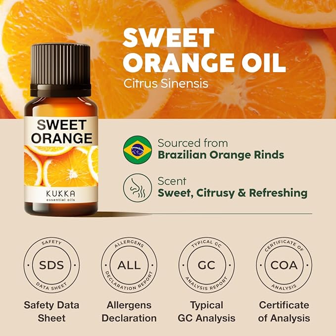 KUKKA Sweet Orange Essential Oils - 0.34 Fl Oz - for Hair, Skin, Diffuser, Aromatherapy & DIY Soap Making Scent