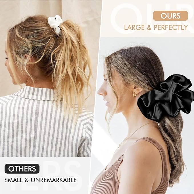 9.5 inch Silk Scrunchies - Jumbo & Giant Satin Scrunchies - Thick Elastic Fluffy Hair Ties for Women & Girls - 3 Pack (Black, Pink, Ivory)