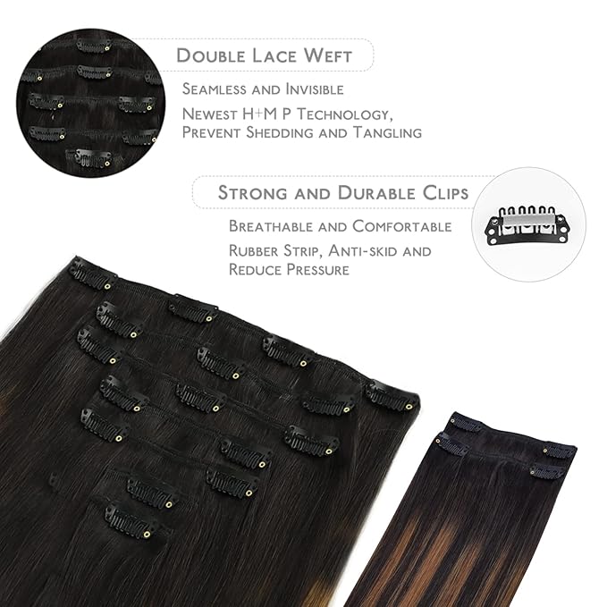 WENNALIFE Clip in Hair Extensions, 150g 20 Inch 9pcs Balayage Natural Black to Chestnut Brown Remy Hair Thicker Double Weft Extensiones De Cabello Humano Con Clip Ins Straight Full Volume