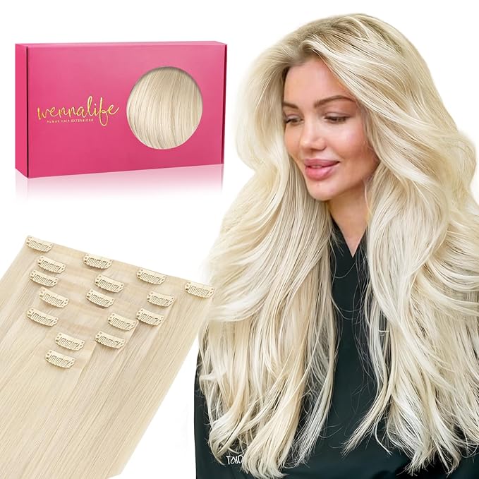 WENNALIFE Seamless Clip In Hair Extensions Human Hair, 16 Inch 130g 7pcs Platinum Blonde Real Hair Extensions Clip in Human Hair Invisible PU Skin Weft Natural Remy Human Hair Extensions
