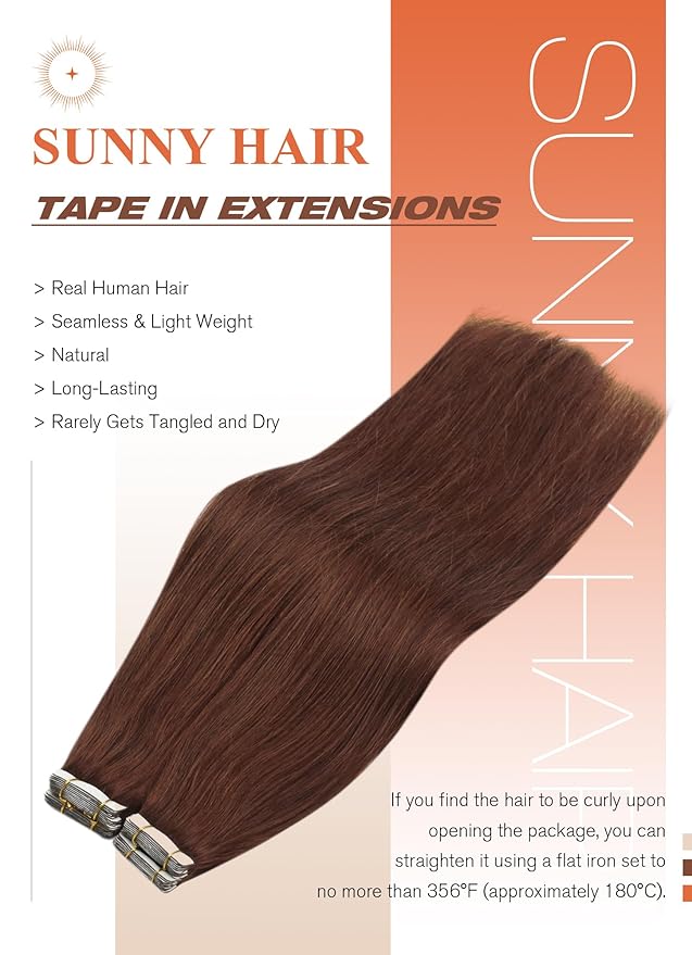 Sunny Hair Tape in Hair Extensions Real Human Hair Invisible Remy Hair Extensions Tape ins for Women Auburn Brown 20 inch 20Pcs 50G