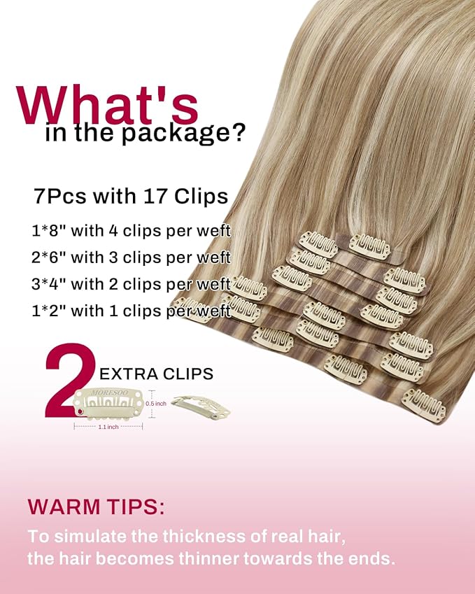 Moresoo Real Hair Extensions Clip in Human Hair Thick Brown with Blonde Highlights Seamless Clip in Hair Extensions Light Brown with Platinum Blonde for Women Long And Invisible 120g/7pcs 20 inch