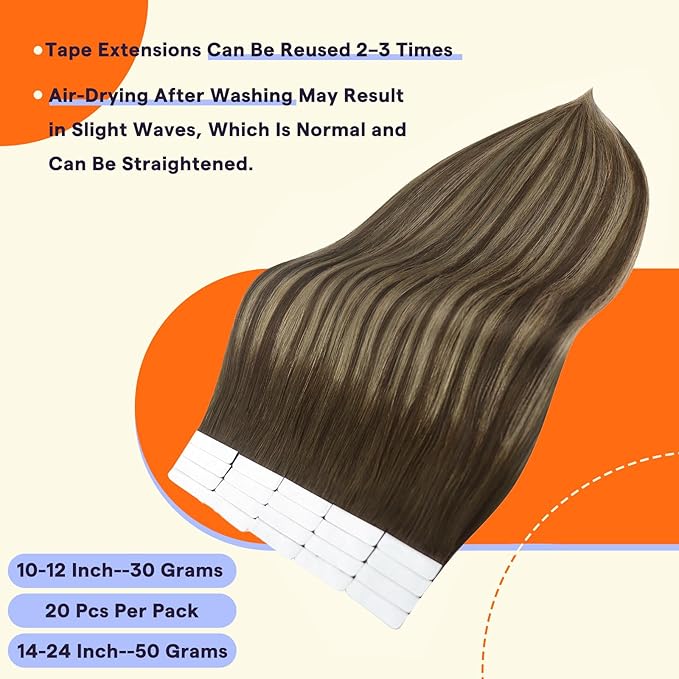 Full Shine Tape in Hair Extensions Human Hair 18 Inch Color 4 Brown Fading to 24 Honey Blonde Highlight 4 Brown Invisible Remy Hair Extensions Tape in 100 Grams Seamless Skin Weft for Women 40PCS