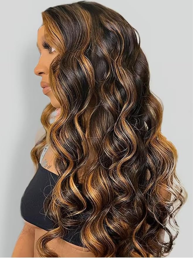 YIROO Bye Bye Knots 7x5 HD Lace Glueless Wig Human Hair Highlight Ombre Brown Body Wave Wig with Elastic Drawstring, Pre Cut Pre Plucked Pre Bleached Invisible Knots Put On and Go 150% Density 18Inch