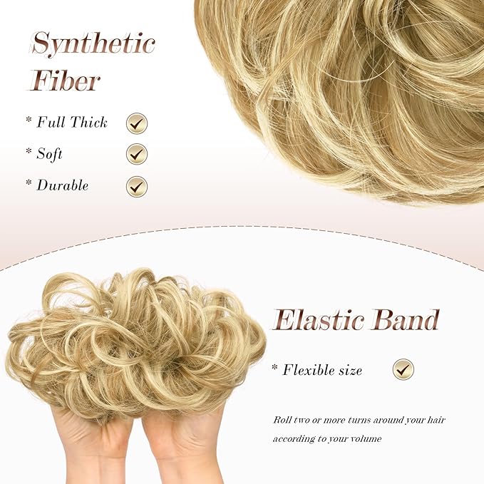 FESHFEN Messy Bun Hair Piece - Large Elastic Wavy Curly Hair Bun Scrunchies Ponytail Extensions Synthetic Chignon Hairpieces for Women, Sunny Blonde 1.94oz