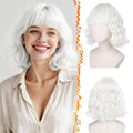 BARSDAR Short Wavy White Wig with Bangs - Short White Bob Wigs for Women - Curly Wavy Textured French Bob Wig with Bangs Soft Synthetic Natural Looking Face-Framing Daily Party Halloween