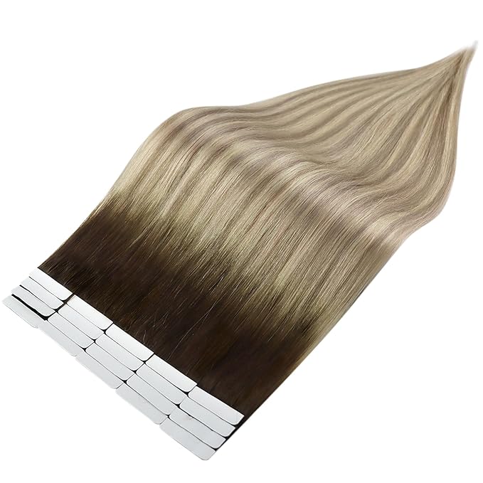 Full Shine Human Hair Tape in Extensions Tape ins 20INCH 50G 40PCS Color 2 Dark Brown to 18 Ash Blonde and 60 Blonde Straight Hair Extensions Seamless Natural Remy Hair Double Sided for Daily Wear