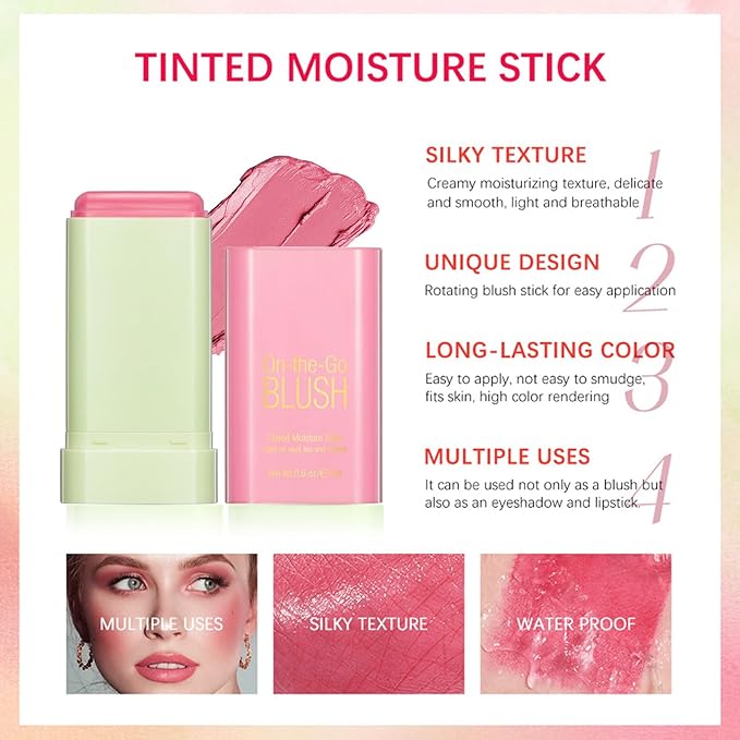 Multi-Use Makeup Blush Stick, Cream Face Blush Makeup Stick for Cheeks Eyes Lips, Super Natural Matte Finish Looking Long-Lasting Moisturizing Blush Stick, Suitable for All Skin (1#, Shy Pink)